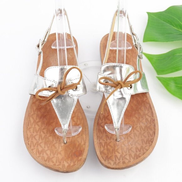 Michael Kors Womens Sandals Size 9 Silver Metallic Leather Thong Slingback Flats - Picture 11 of 13